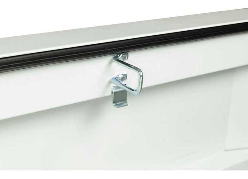Weather Guard 126-3-03 steel crossover saddle truck tool box in brite white, tie-down buckle detail