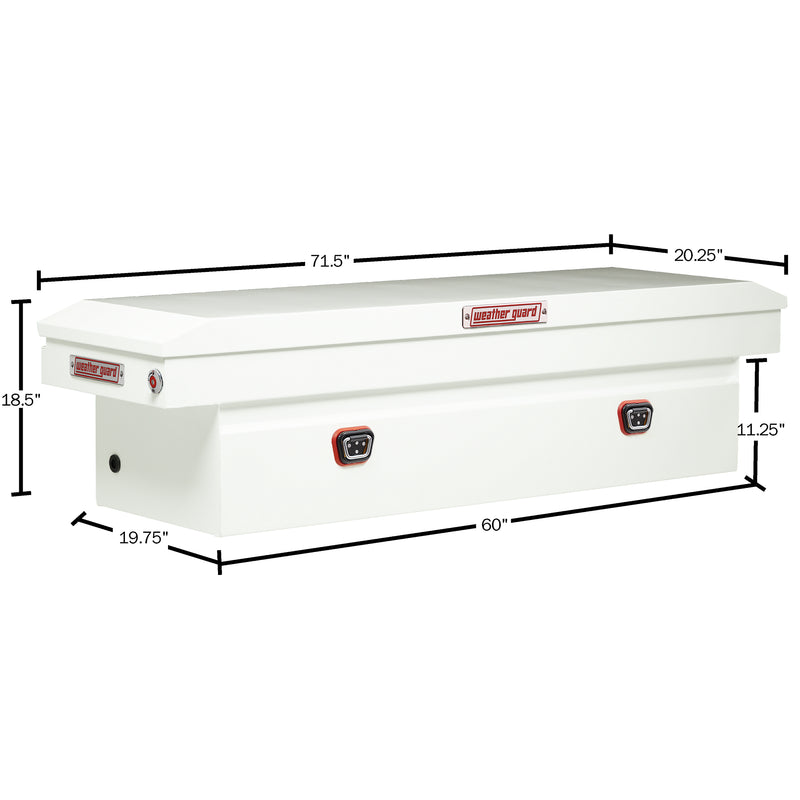 Weather Guard 126-3-04 crossover saddle box in brite white, dimensional line drawing with the overall length, width and height called out