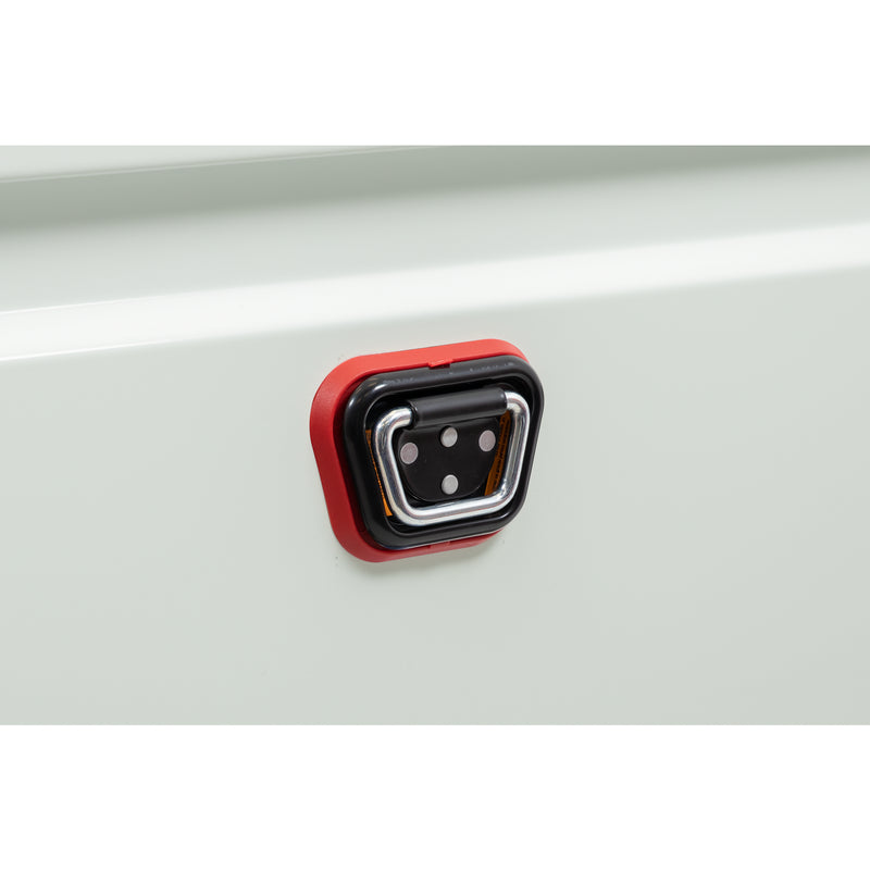 Weather Guard 126-3-04 crossover saddle box in brite white, close-up of the reinforced tie-down buckle on the body