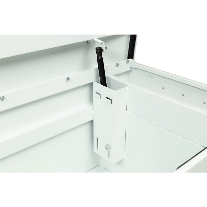 Weather Guard 126-3-04 crossover saddle box in brite white, close-up of the welded gas strut shield inside the body