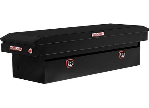 Weather Guard 126-5-03 steel crossover saddle truck tool box in gloss black, front three-quarter studio view