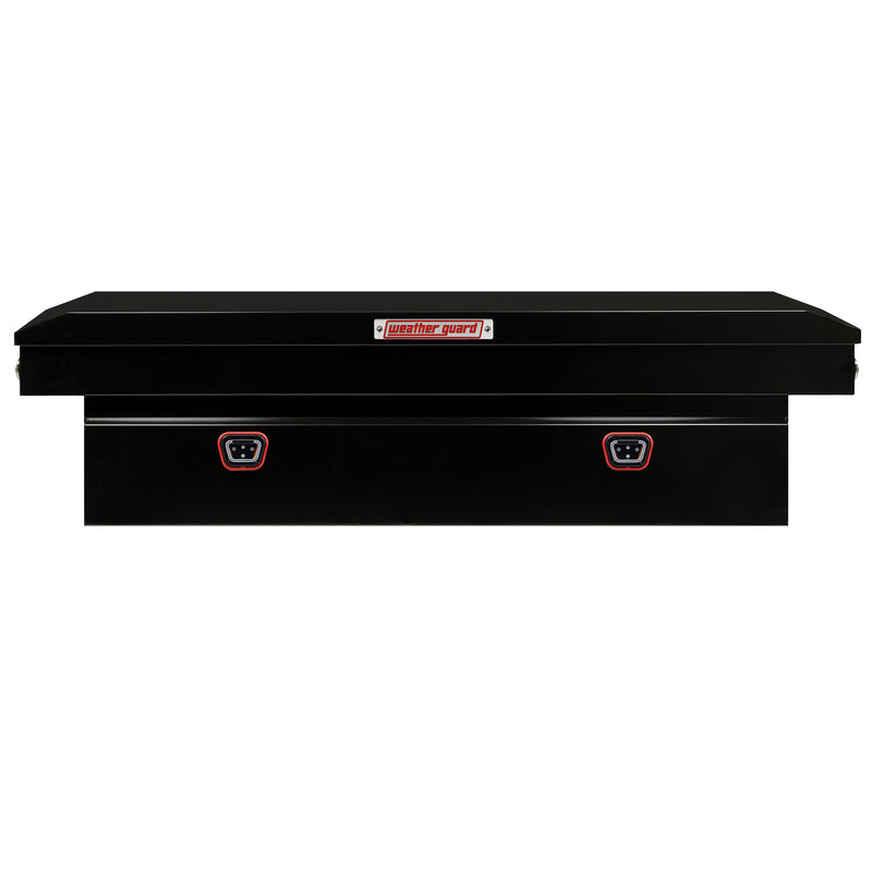 Weather Guard 126-5-04 crossover saddle box in gloss black, straight-on front elevation with the lid closed