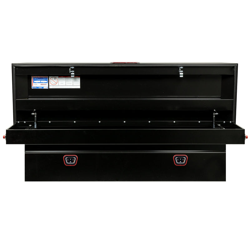 Weather Guard 126-5-04 crossover saddle box in gloss black, straight-on front view with the lid open, showing the full interior