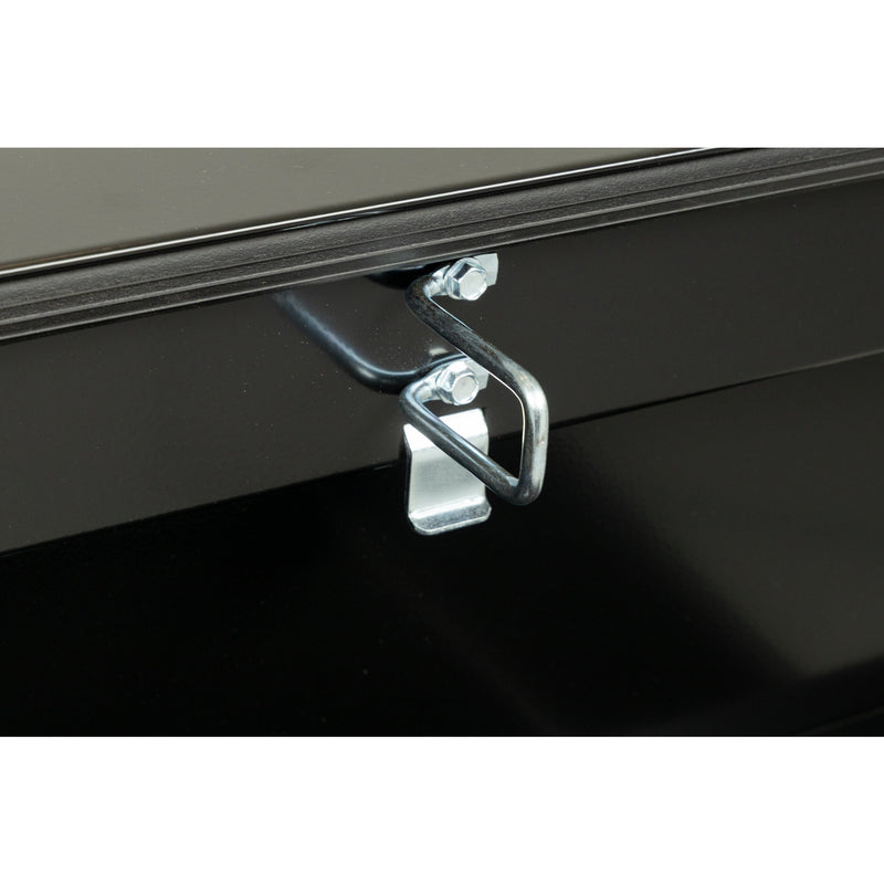Weather Guard 126-5-04 crossover saddle box in gloss black, close-up of the latch striker plate