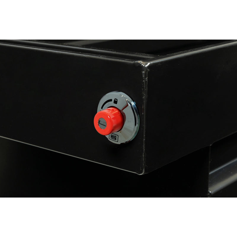 Weather Guard 126-5-04 crossover saddle box in gloss black, close-up of the red push-button lock and Weather Guard badge
