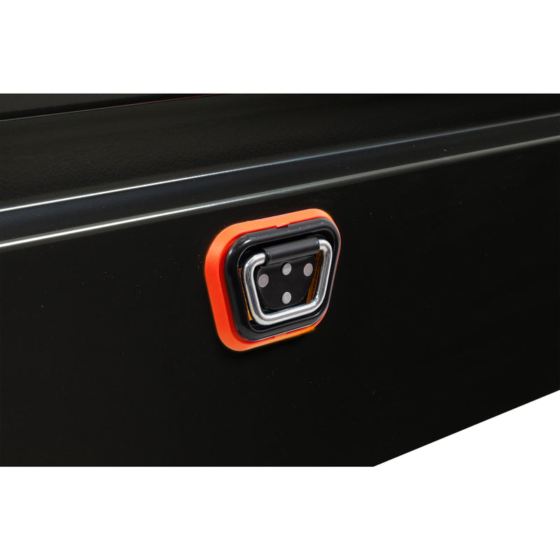 Weather Guard 126-5-04 crossover saddle box in gloss black, close-up of the reinforced tie-down buckle on the body
