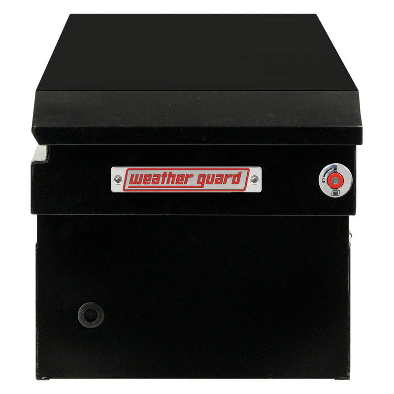 Weather Guard 126-5-04 crossover saddle box in gloss black, side profile showing the body depth and the bed-rail notch