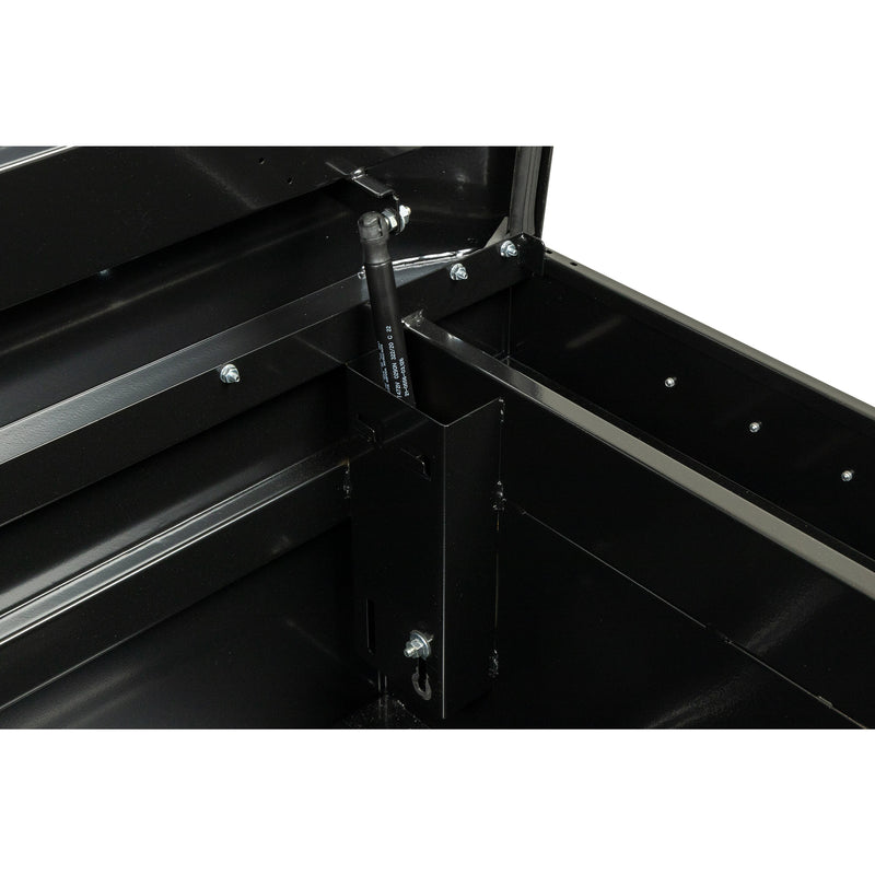 Weather Guard 126-5-04 crossover saddle box in gloss black, close-up of the welded gas strut shield inside the body