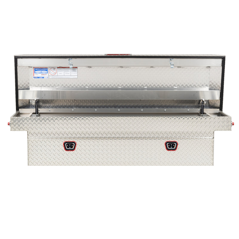 Weather Guard 127-0-04 crossover saddle box in bright aluminum diamond plate, straight-on front view with the lid open, showing the full interior