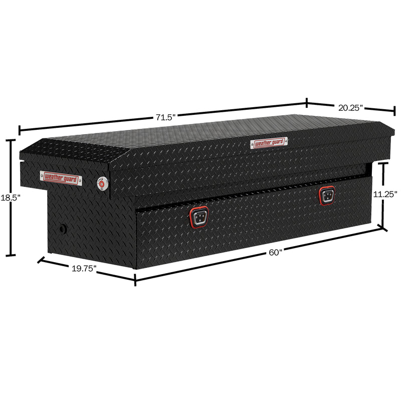 Weather Guard 127-5-04 crossover saddle box in gloss black, dimensional line drawing with the overall length, width and height called out