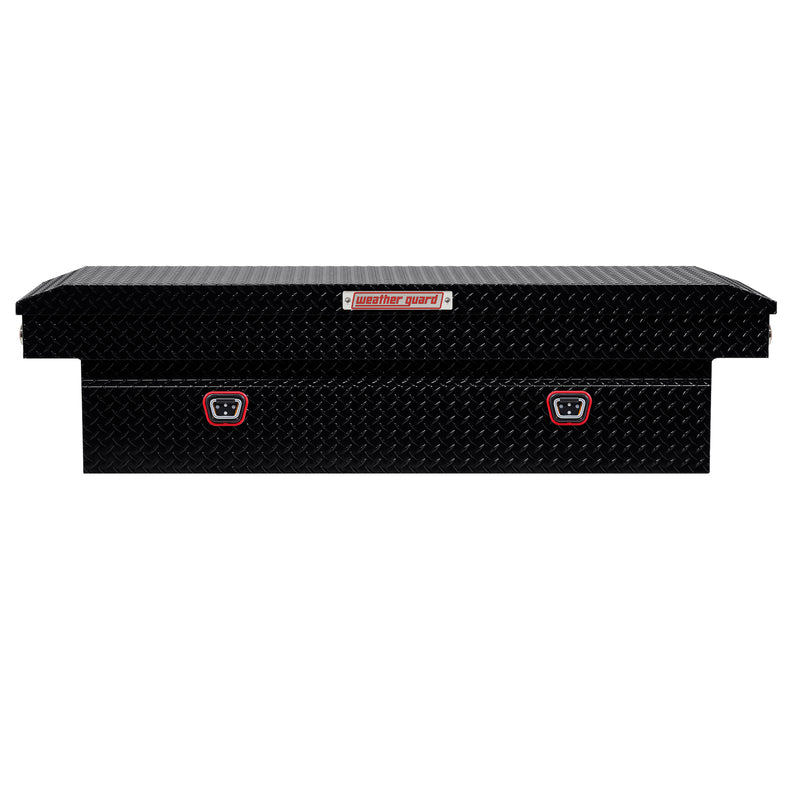 Weather Guard 127-5-04 crossover saddle box in gloss black, straight-on front elevation with the lid closed