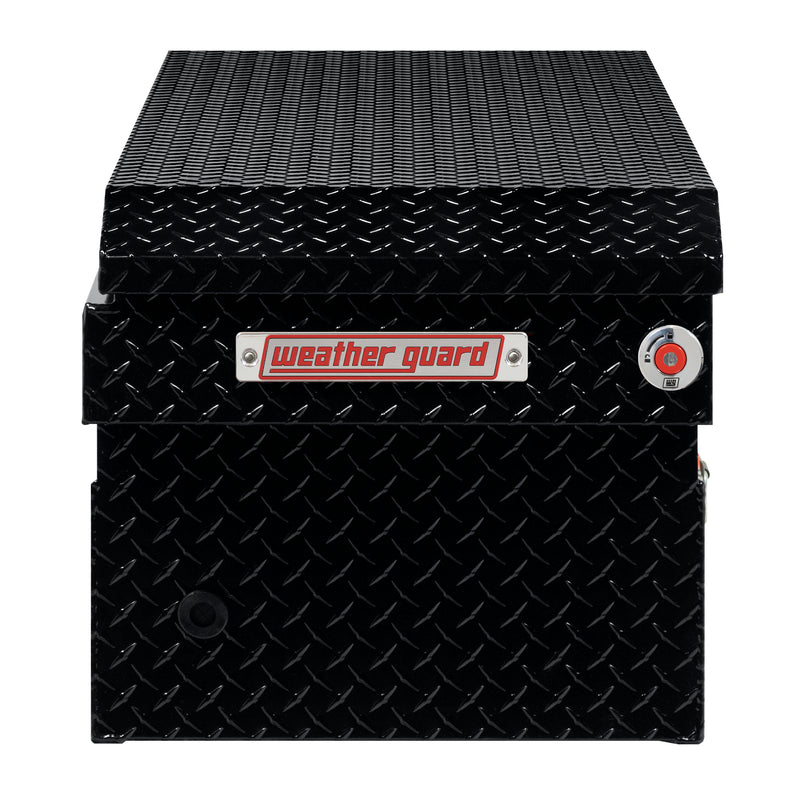 Weather Guard 127-5-04 crossover saddle box in gloss black, side profile showing the body depth and the bed-rail notch