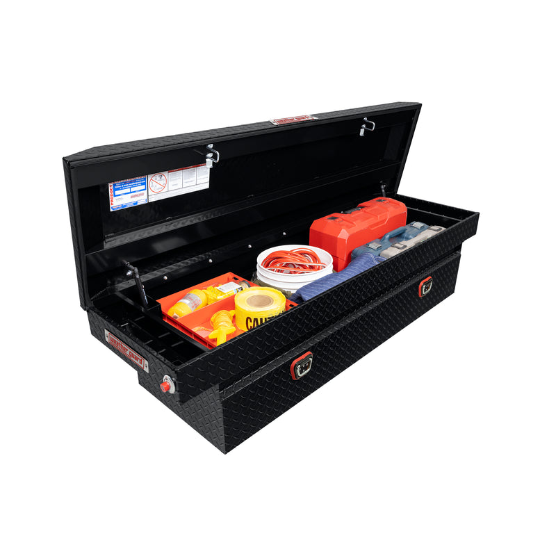 Weather Guard 127-5-04 crossover saddle box in gloss black, staged open with hand tools inside to show how the usable space loads