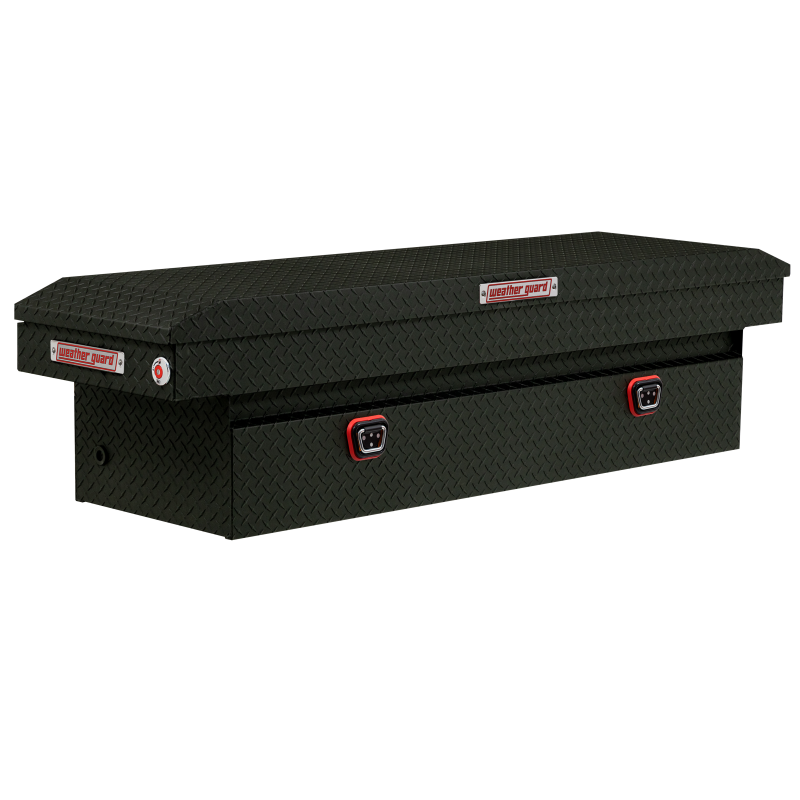 Weather Guard 127-52-04 aluminum crossover saddle truck tool box in textured matte black, front three-quarter studio view with lid closed