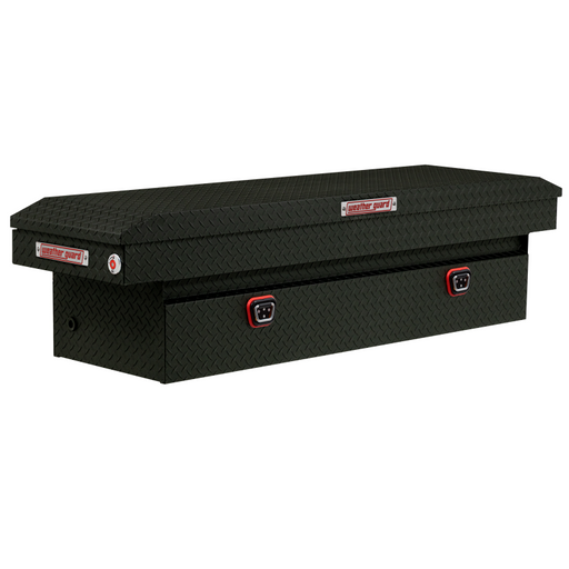 Weather Guard 127-52-04 aluminum crossover saddle truck tool box in textured matte black, front three-quarter studio view with lid closed