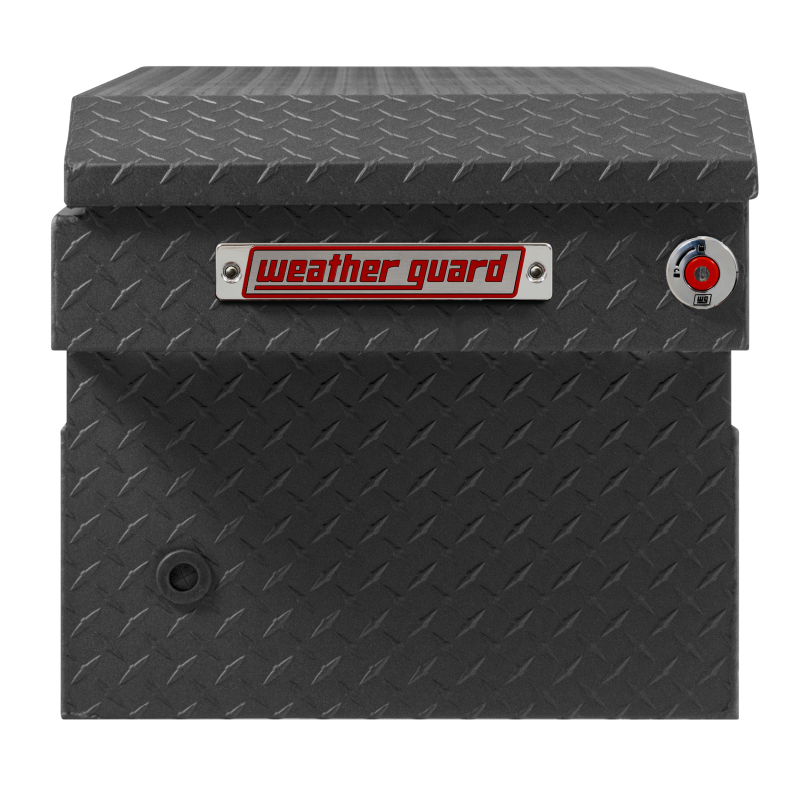 End view of the Weather Guard 127-52-04 matte black crossover box showing the keyed 1Key lock cylinder, Weather Guard logo plate and drain plug