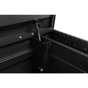 Close-up of a Weather Guard branded gas strut and welded strut shield supporting the open lid inside the 127-52-04 crossover box