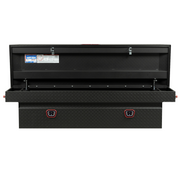 Weather Guard 127-52-04 crossover box with the lid open, showing the interior, two gas struts, reinforced lid and the two front push-button locks
