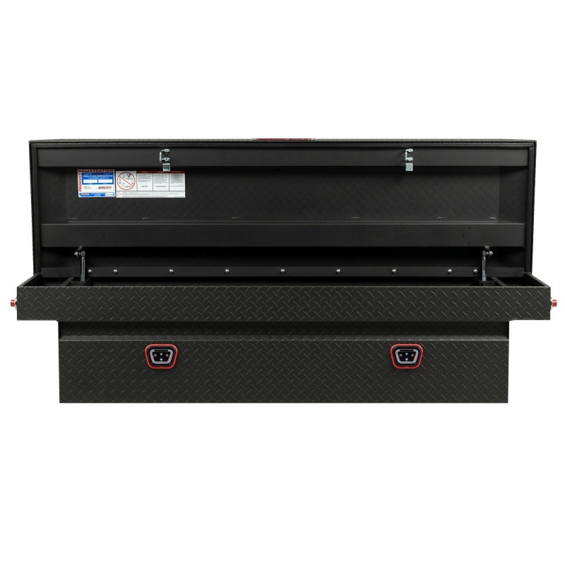 Weather Guard 127-52-04 crossover box with the lid open, showing the interior, two gas struts, reinforced lid and the two front push-button locks