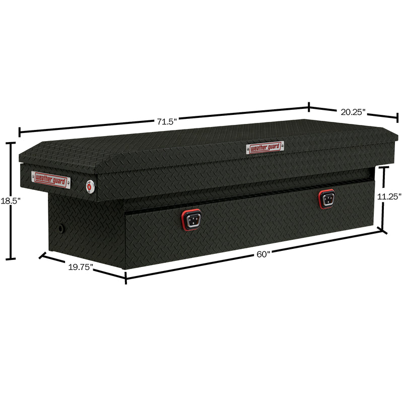 Weather Guard 127-52-04 crossover saddle box in textured matte black, dimensional line drawing with the overall length, width and height called out