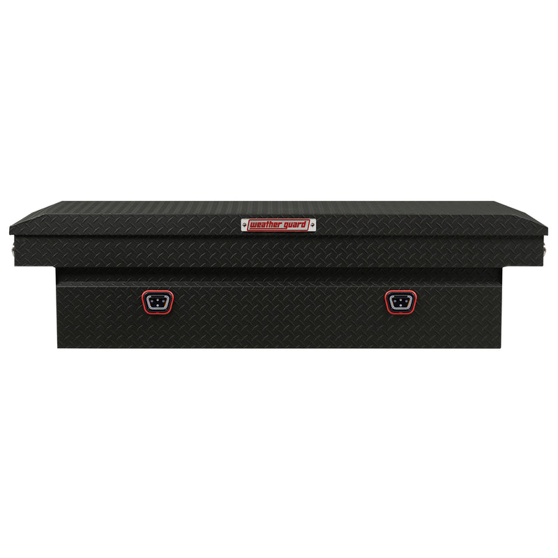 Weather Guard 127-52-04 crossover saddle box in textured matte black, straight-on front elevation with the lid closed