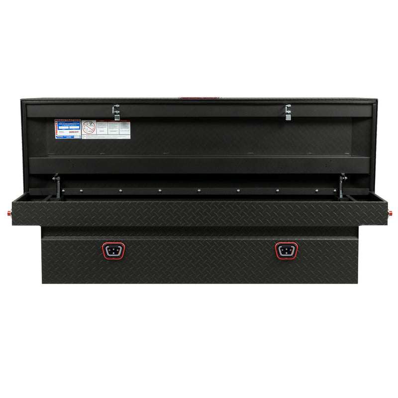 Weather Guard 127-52-04 crossover saddle box in textured matte black, straight-on front view with the lid open, showing the full interior