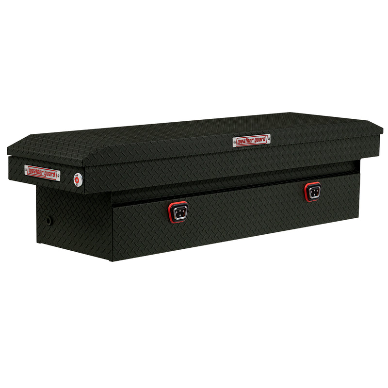 Weather Guard 127-52-04 crossover saddle box in textured matte black, front three-quarter studio view with the lid closed