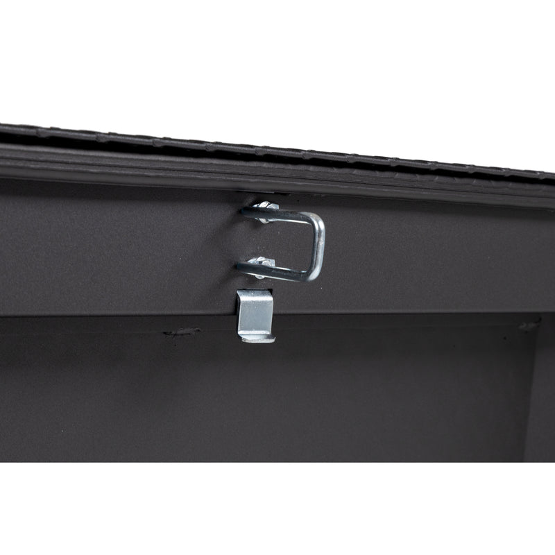 Weather Guard 127-52-04 crossover saddle box in textured matte black, close-up of the latch striker plate