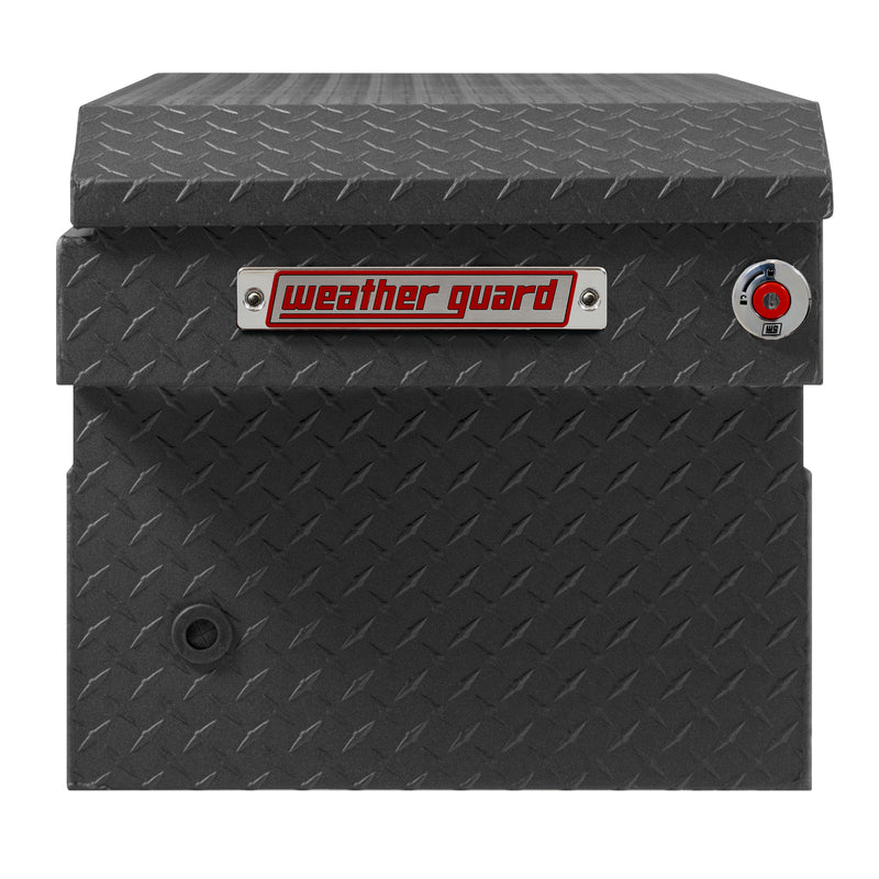 Weather Guard 127-52-04 crossover saddle box in textured matte black, side profile showing the body depth and the bed-rail notch