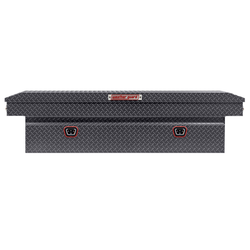 Weather Guard 127-6-04 crossover saddle box in gunmetal gray, straight-on front elevation with the lid closed