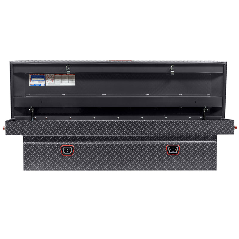 Weather Guard 127-6-04 crossover saddle box in gunmetal gray, straight-on front view with the lid open, showing the full interior
