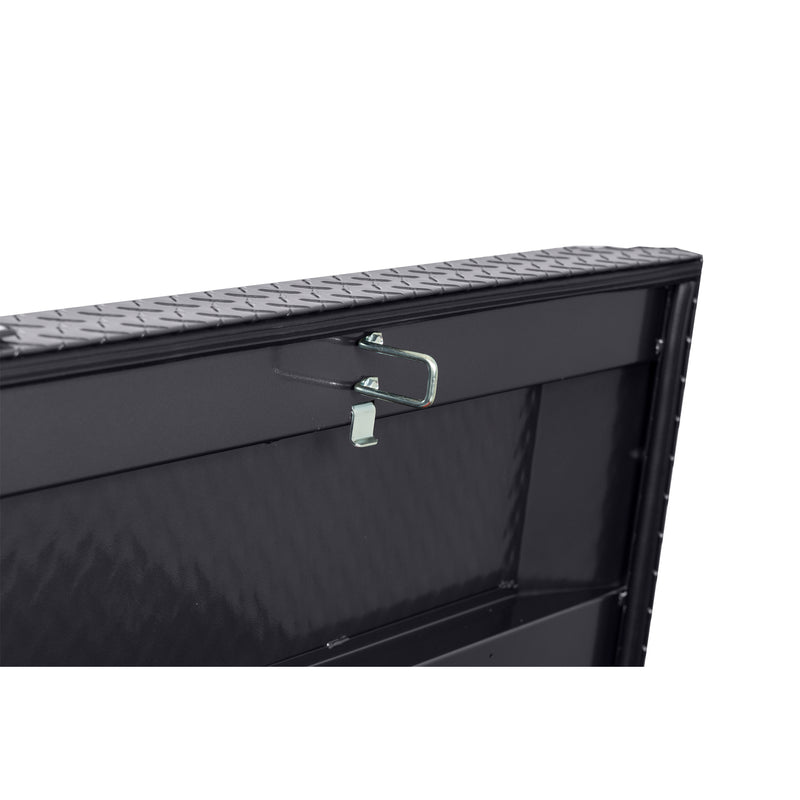 Weather Guard 127-6-04 crossover saddle box in gunmetal gray, close-up of the latch striker plate