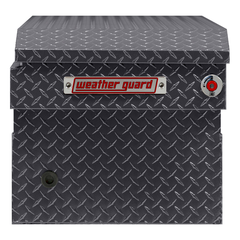 Weather Guard 127-6-04 crossover saddle box in gunmetal gray, side profile showing the body depth and the bed-rail notch