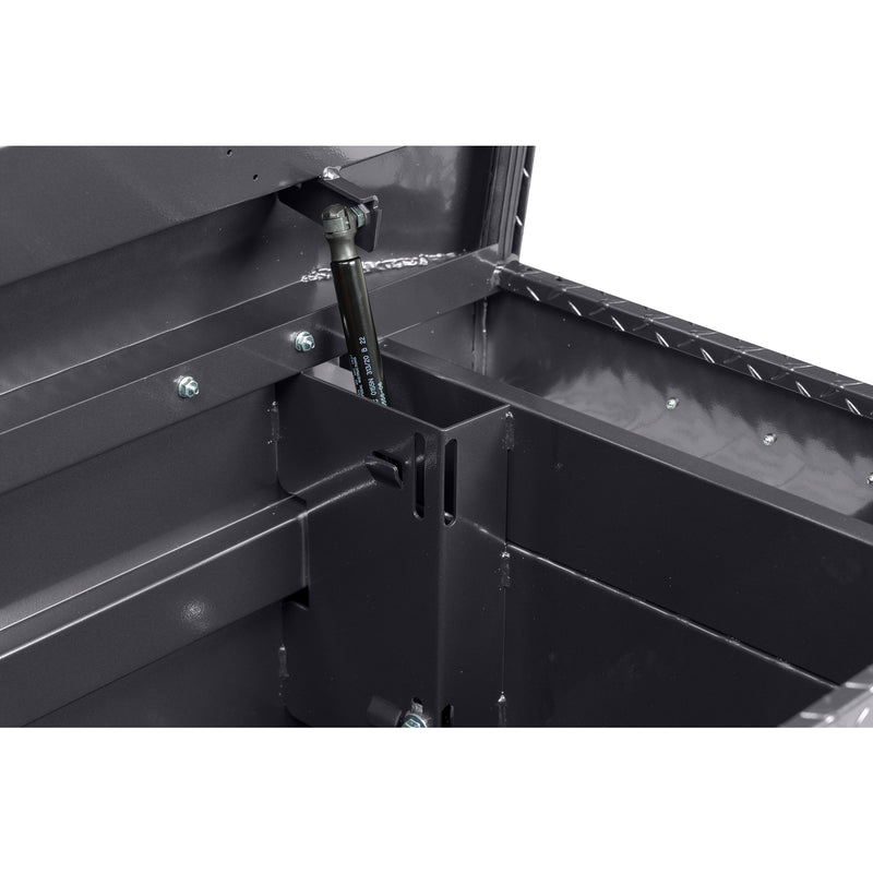 Weather Guard 127-6-04 crossover saddle box in gunmetal gray, close-up of the welded gas strut shield inside the body