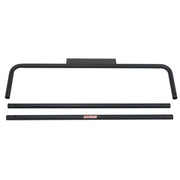 Weather Guard truck rack components laid out on white, showing the airfoil front crossbar and two steel side rails