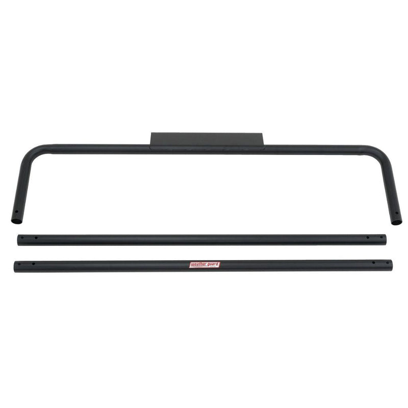 Weather Guard truck rack components laid out on white, showing the airfoil front crossbar and two steel side rails