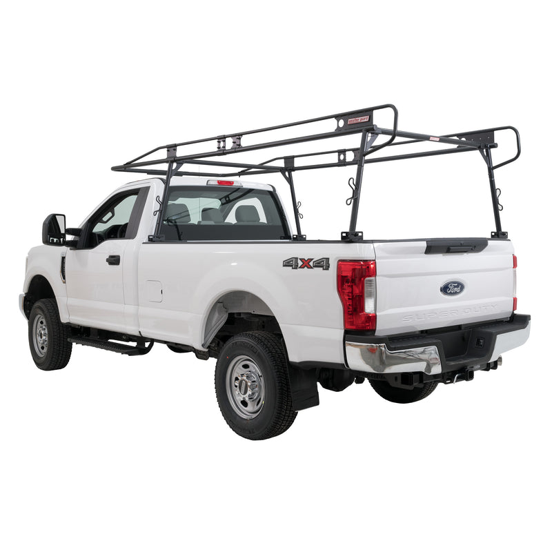 Weather Guard 1275-52-02 full-size steel truck rack in matte black fitted to a white Ford Super Duty pickup