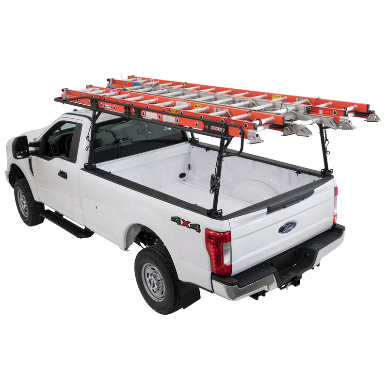 Three extension ladders loaded across the Weather Guard 1275 steel truck rack on a white pickup, high angle