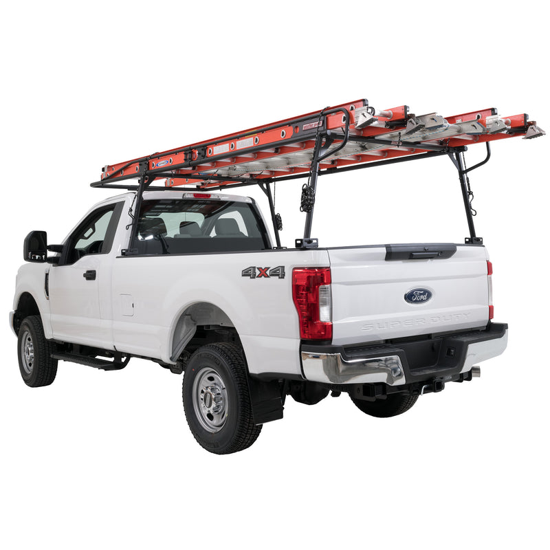 Side view of a white pickup with three ladders carried on the Weather Guard 1275 steel truck rack