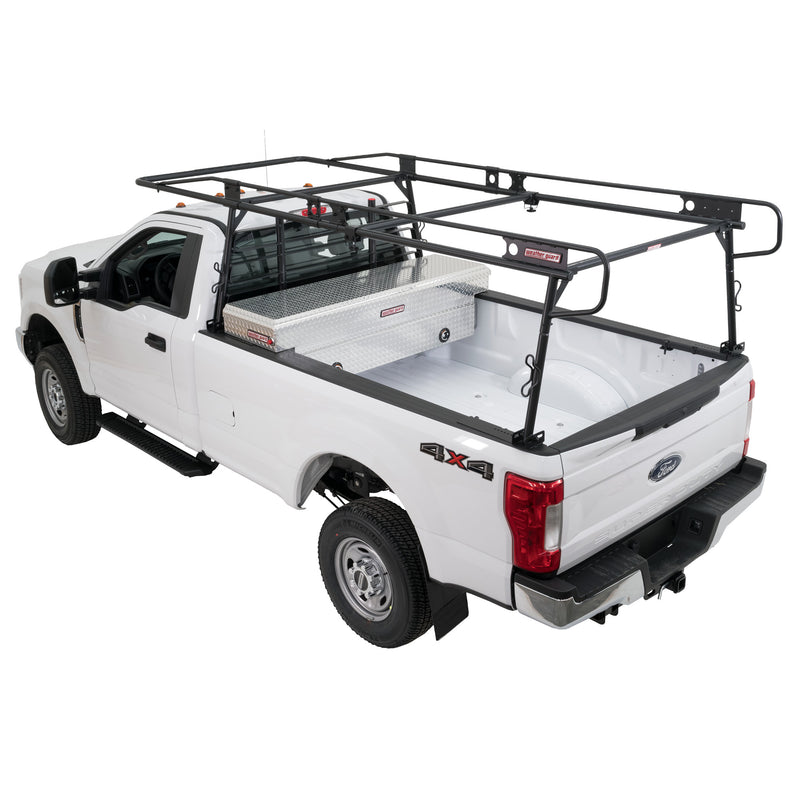 White pickup fitted with the Weather Guard 1275 steel truck rack standing over a crossover truck box