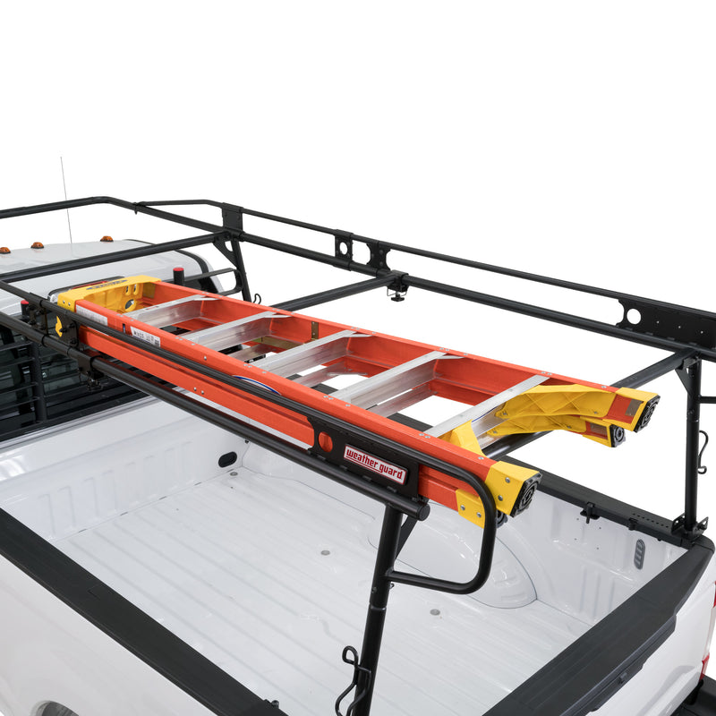 Weather Guard 1275 steel truck rack carrying a single ladder with an accessory cross member fitted
