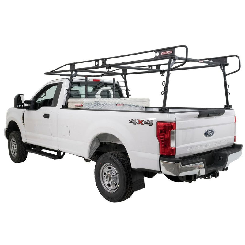 Weather Guard full-size steel truck rack on a white Ford Super Duty shown with an aluminum crossover box and cab protector, rear three-quarter view