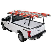 Weather Guard steel truck rack on a white Ford Super Duty loaded with several ladders over the cab and bed