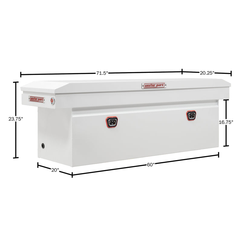 Weather Guard 128-3-04 crossover saddle box in brite white, dimensional line drawing with the overall length, width and height called out