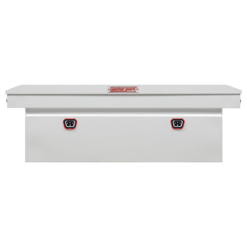 Weather Guard 128-3-04 crossover saddle box in brite white, straight-on front elevation with the lid closed