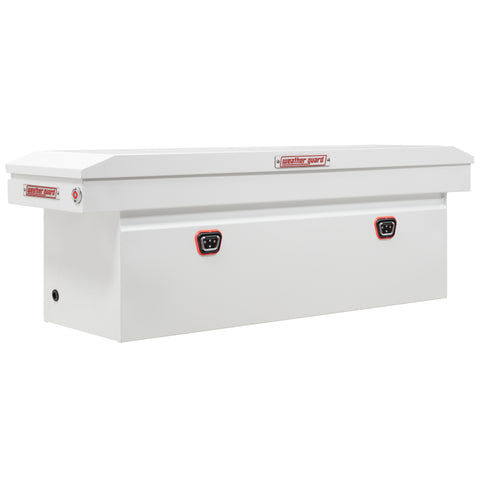 Weather Guard 128-3-04 crossover saddle box in brite white, front three-quarter studio view with the lid closed