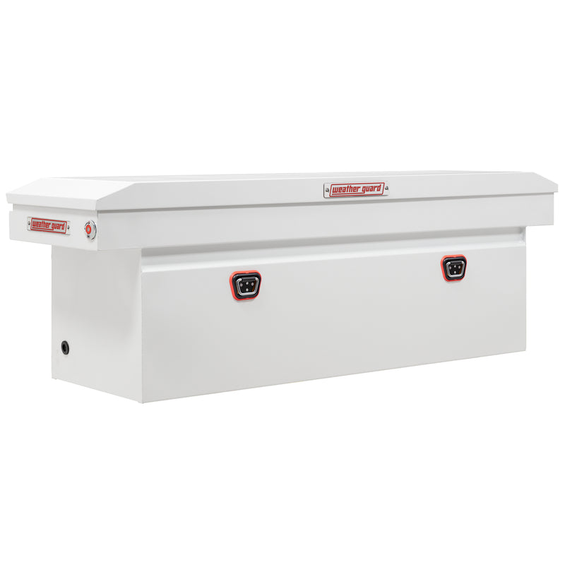 Weather Guard 128-3-04 crossover saddle box in brite white, front three-quarter studio view with the lid closed