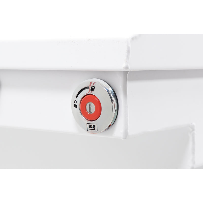 Weather Guard 128-3-04 crossover saddle box in brite white, close-up of the red push-button lock and Weather Guard badge