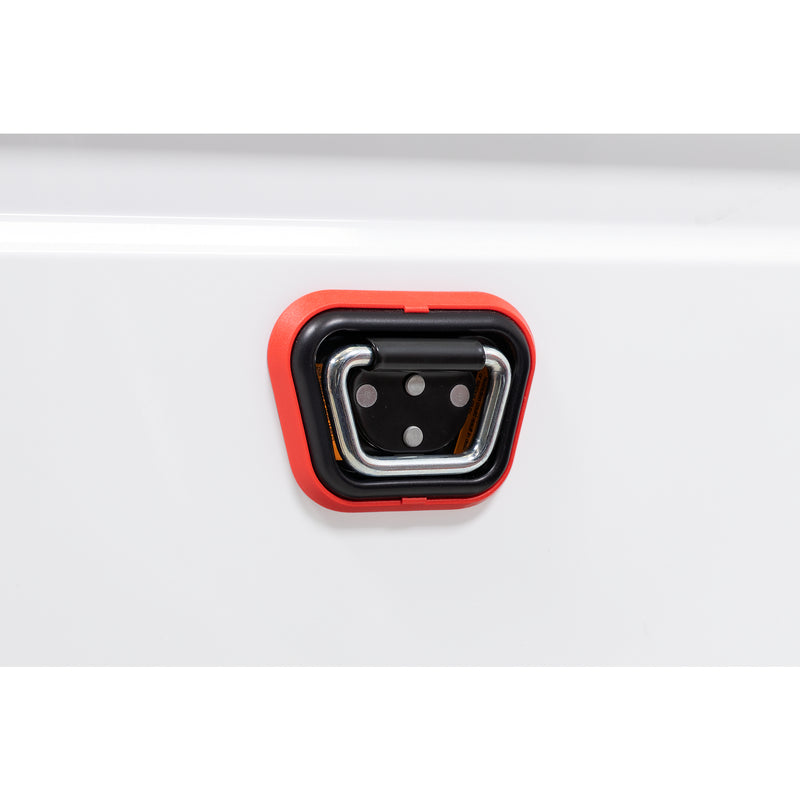Weather Guard 128-3-04 crossover saddle box in brite white, close-up of the reinforced tie-down buckle on the body