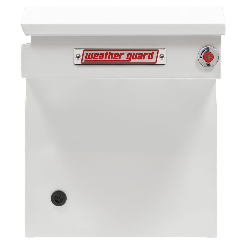 Weather Guard 128-3-04 crossover saddle box in brite white, side profile showing the body depth and the bed-rail notch